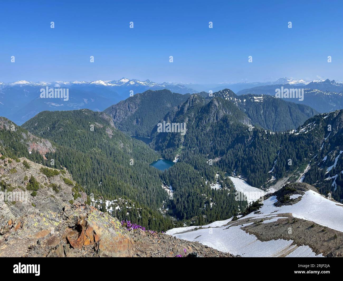 Dramatische Landschaft mit schneebedeckten Bergen, einem See und üppigem Grün mit Bäumen, Felsen und Büschen Stockfoto