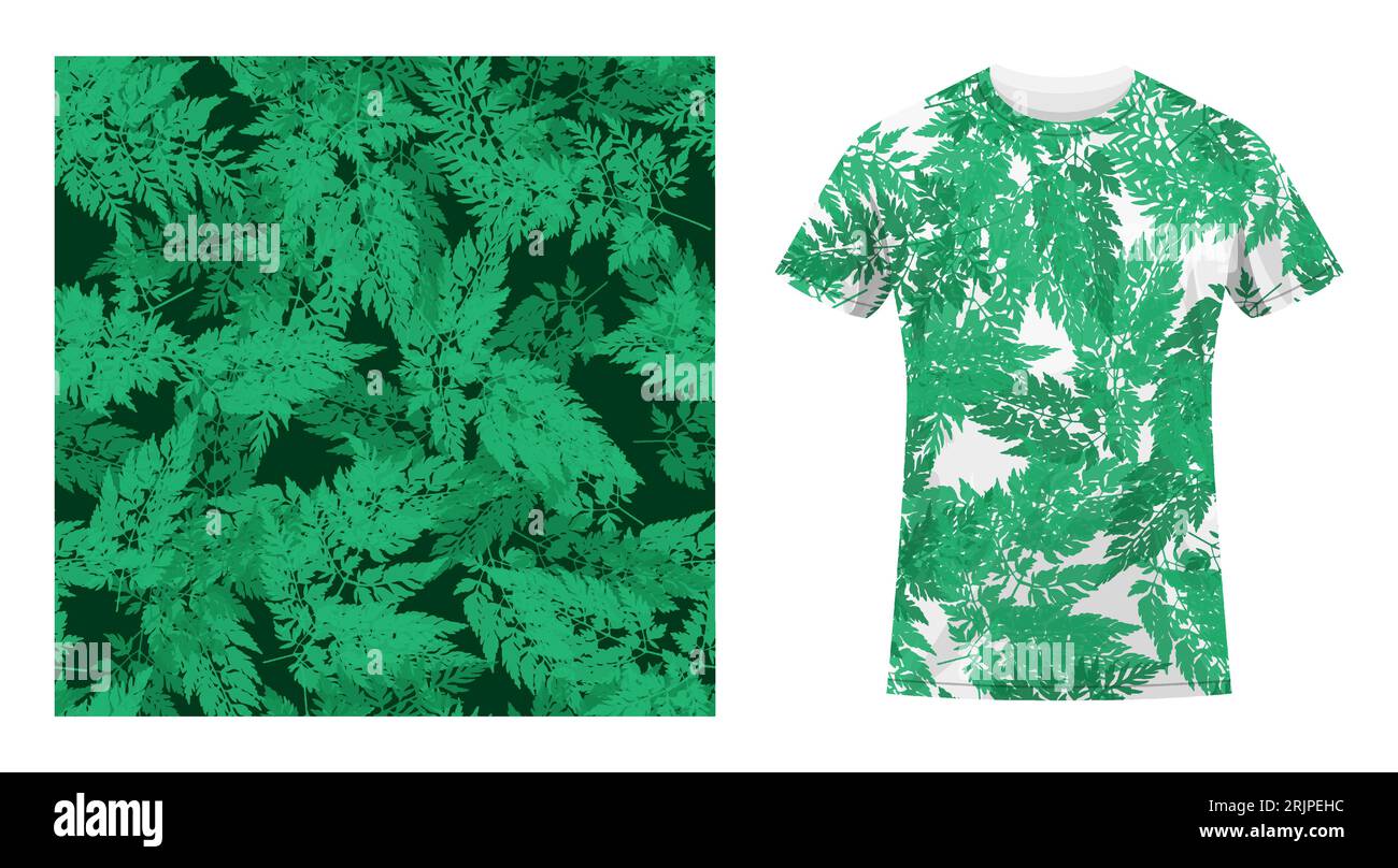 Kurzarm-T-Shirt aus Baumwolle, verziert mit WildfeldgrasPetersilie und nahtlosem Muster aus Herbariumgras auf der Wiese. Bequeme Sommerkleidung. Vecto Stock Vektor