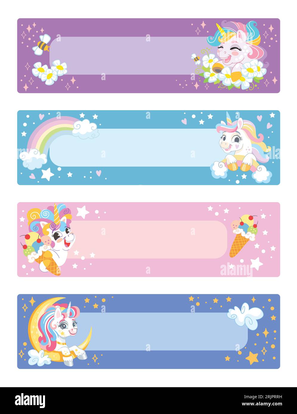 Bedruckbare Notizblätter und leere Aufkleber mit niedlichem Einhorn, Blumen und Regenbogen. Design für Kinder mit Zauberpferden. Vektorillustration. Stock Vektor