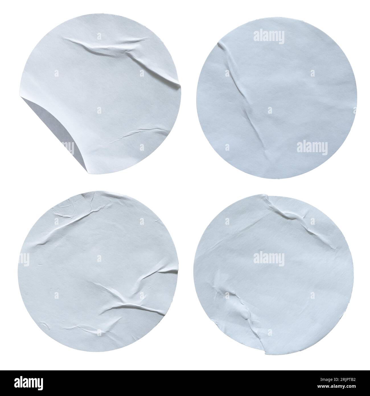 Weiße runde Papieraufkleber auf weißem Hintergrund mit Beschneidungspfad Stockfoto