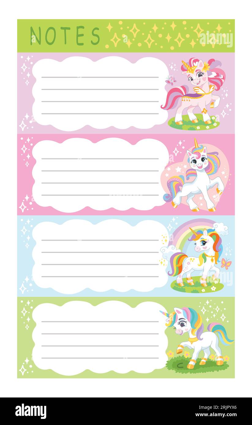 Bedruckbare Notizblätter und leere Aufkleber mit niedlichem Einhorn, Blumen und Regenbogen. Design für Kinder mit Zauberpferden. Vektorillustration. Stock Vektor