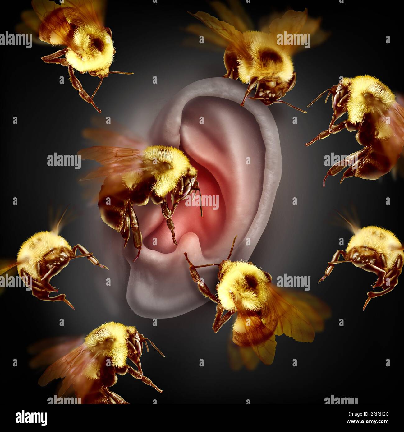Tinnitus-Symptom und Ohrklingeln als Bienen, die ein Summgeräusch machen, als medizinisches Symptom und Diagnose eines Hörverlustes. Stockfoto