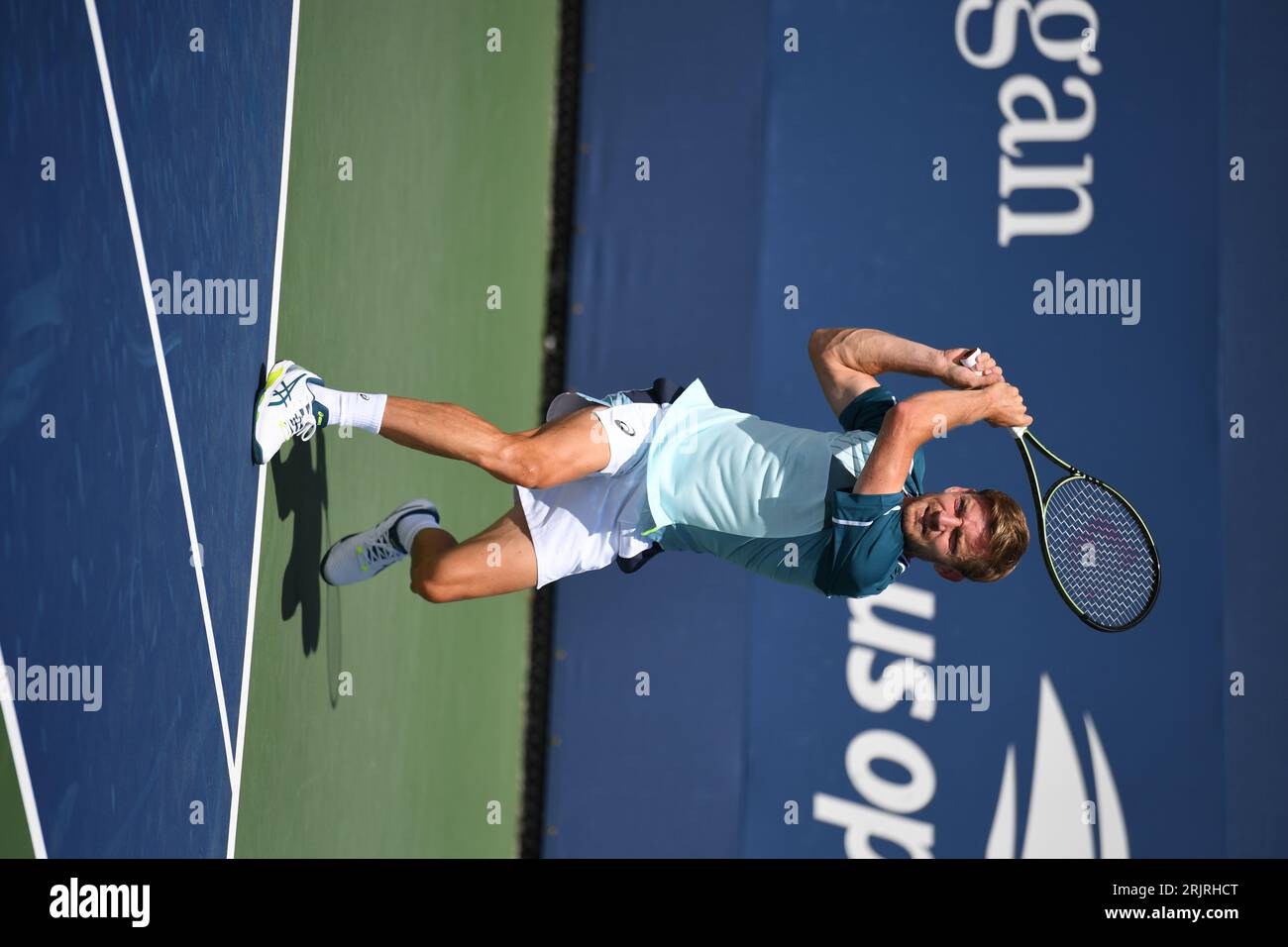 New York City, USA. August 2023. Der belgische David Goffin wurde während des US Open Grand Slam Tennis Turniers in Flushing Meadow, New York City, USA, am Mittwoch, den 23. August 2023 in Aktion gezeigt. BELGA FOTO TONY BEHAR Credit: Belga News Agency/Alamy Live News Stockfoto