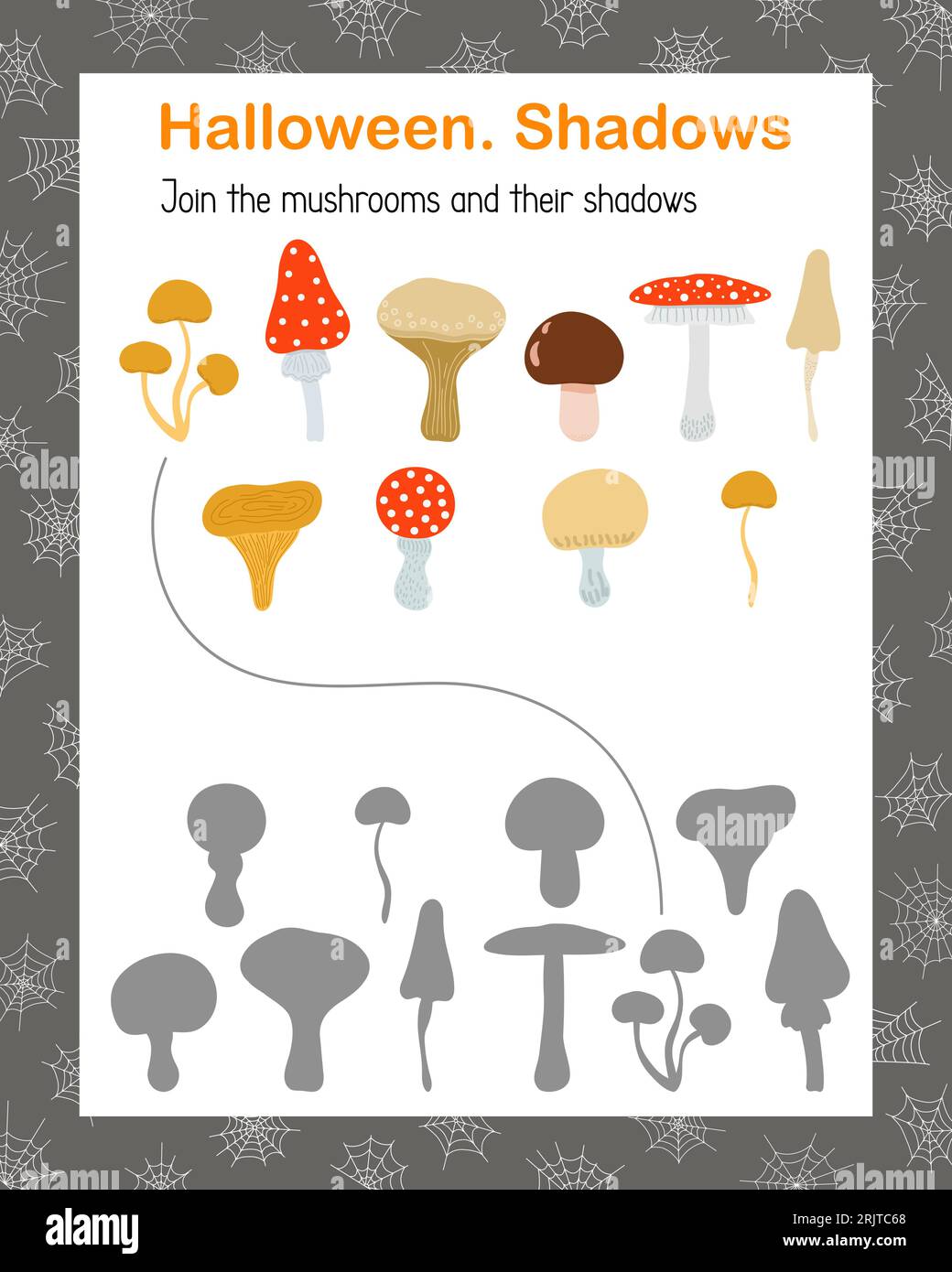 Waldpilze und Schatten passend Spiel, Thanksgiving Halloween Hexerei Urlaub Kinder Aktivitäten druckbare Arbeitsblatt, pädagogische Puzzle einfach s Stock Vektor