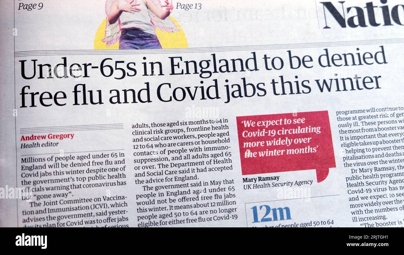 Menschen unter 65 Jahren in England werden in diesem Winter kostenlose Grippe und COVID-jabs verweigert" Guardian-Zeitung Schlagzeile Impfstoff artikel 9 August 2023 London UK Stockfoto