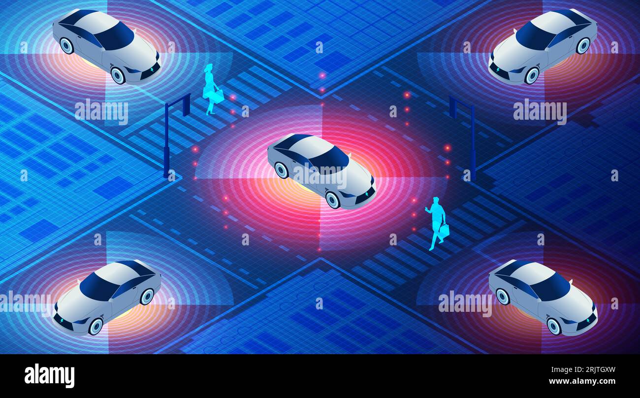 Selbstfahrende Fahrzeuge und erweiterte Fahrerassistenz – Fahrzeuge, die ihre Umgebung erfassen und ohne menschliche Eingaben arbeiten können – Konzeptillus Stockfoto
