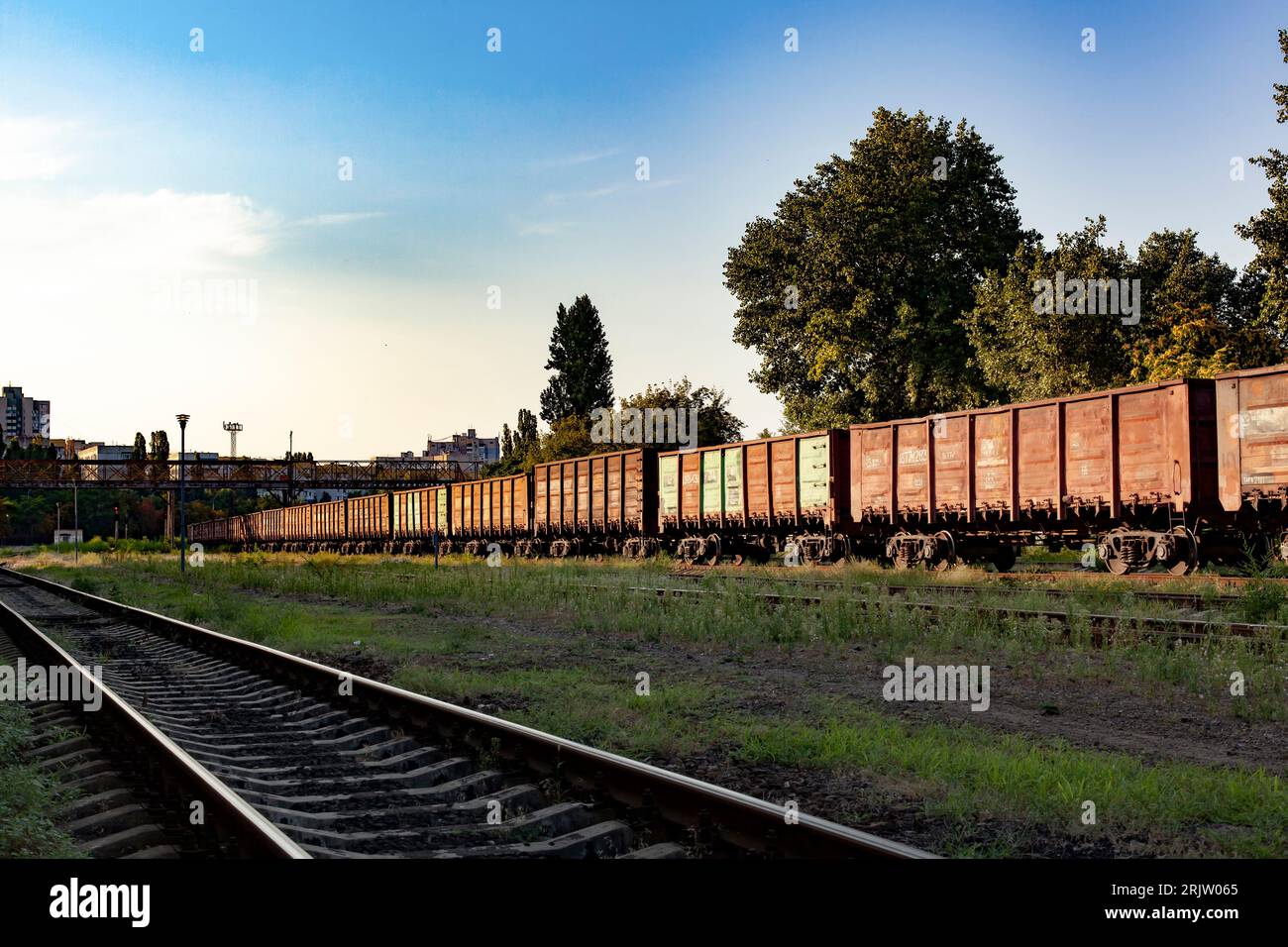 Güterwagen an einer Logistikstation für den Verteilerverkehr. Export, Import, Handel. Eisenbahnlogistikkonzept. Stockfoto