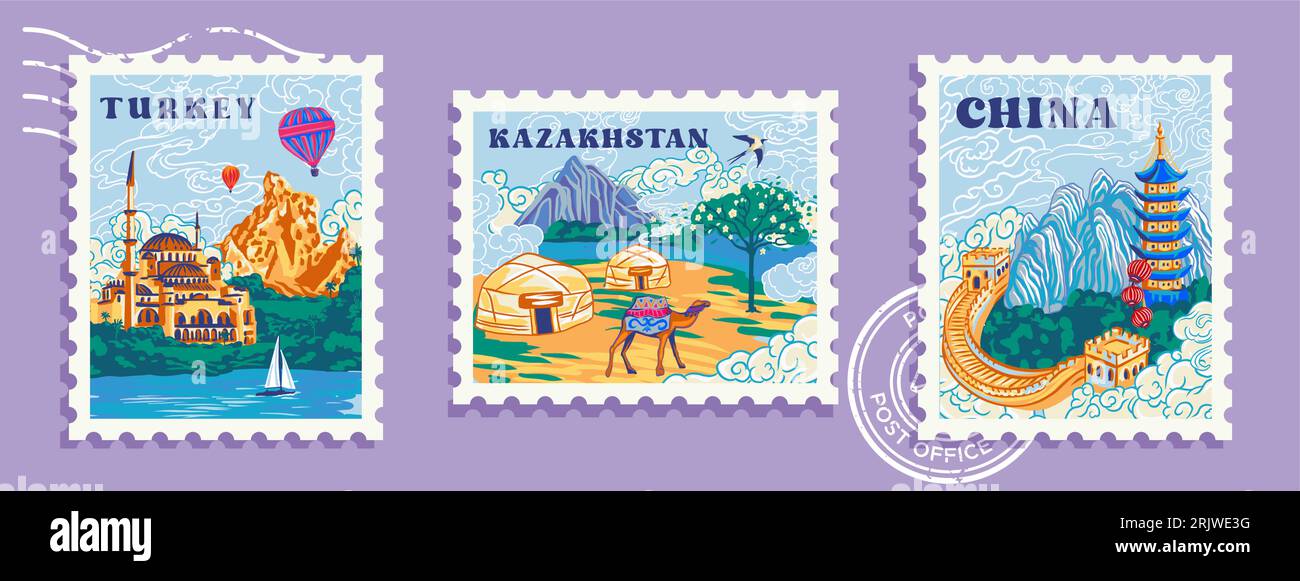 Moderne Briefmarkensammlung kasachstan, türkei, china, Flachstil-Stempelset, Flachdesign-Landschaftsstempel-Set, handgemachtes Briefmarkenset Stock Vektor