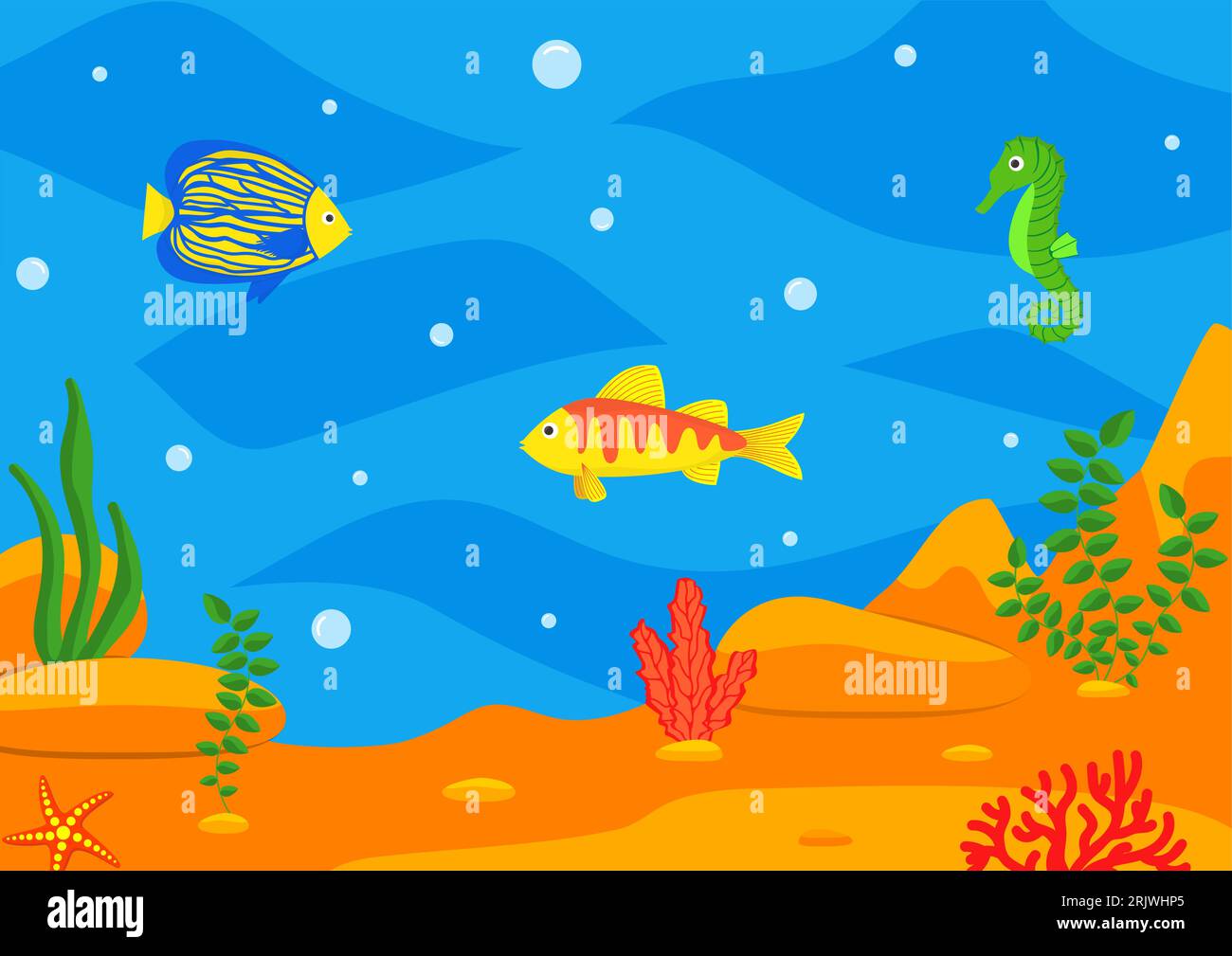 Zeichentrickfilm Unterwasserlandschaft. Meer und Ozean unter Wasser, Vektorhintergrund auf Spielebene mit Korallenriffen und Meerestieren Stock Vektor