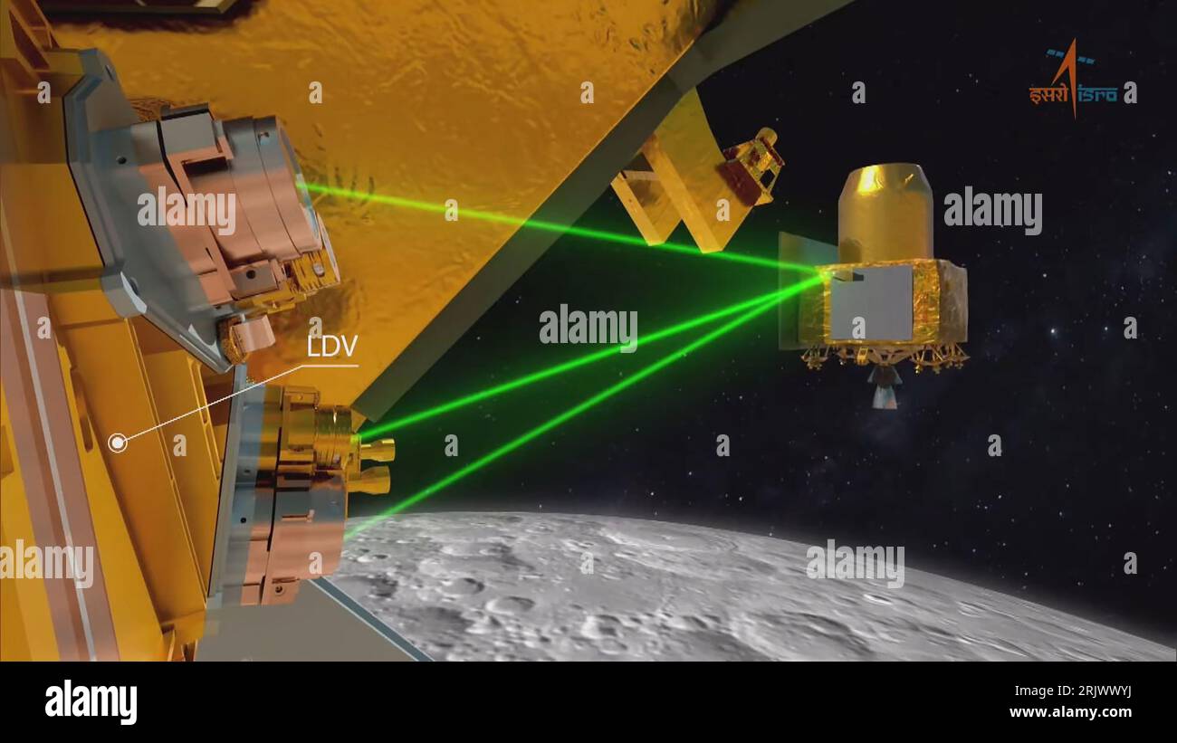 Bengaluru, Indien. August 2023. Ein simuliertes Bild wird auf dem Bildschirm während der Live-Übertragung der Landung der Chandrayaan-3-Raumsonde auf dem Südpol des Mondes am ISRO Telemetry Tracking and Command Network (ISTRAC) Center in Bengaluru am 23. August 2023 abgespielt. Indien schrieb am Mittwoch, den 23. August, Geschichte und wurde die erste Nation, die auf der Südpolregion des Mondes landete. Foto der Indian Space Research Organization (ISRO) / UPI/Alamy Live News Stockfoto