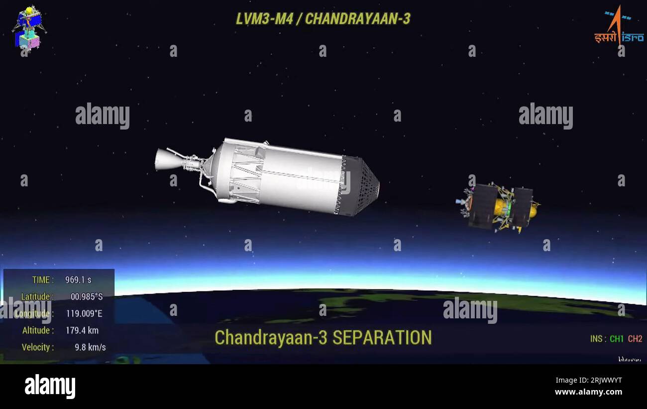Bengaluru, Indien. August 2023. Ein simuliertes Bild wird auf dem Bildschirm während der Live-Übertragung der Landung der Chandrayaan-3-Raumsonde auf dem Südpol des Mondes am ISRO Telemetry Tracking and Command Network (ISTRAC) Center in Bengaluru am 23. August 2023 abgespielt. Indien schrieb am Mittwoch, den 23. August, Geschichte und wurde die erste Nation, die auf der Südpolregion des Mondes landete. Foto der Indian Space Research Organization (ISRO) / UPI/Alamy Live News Stockfoto