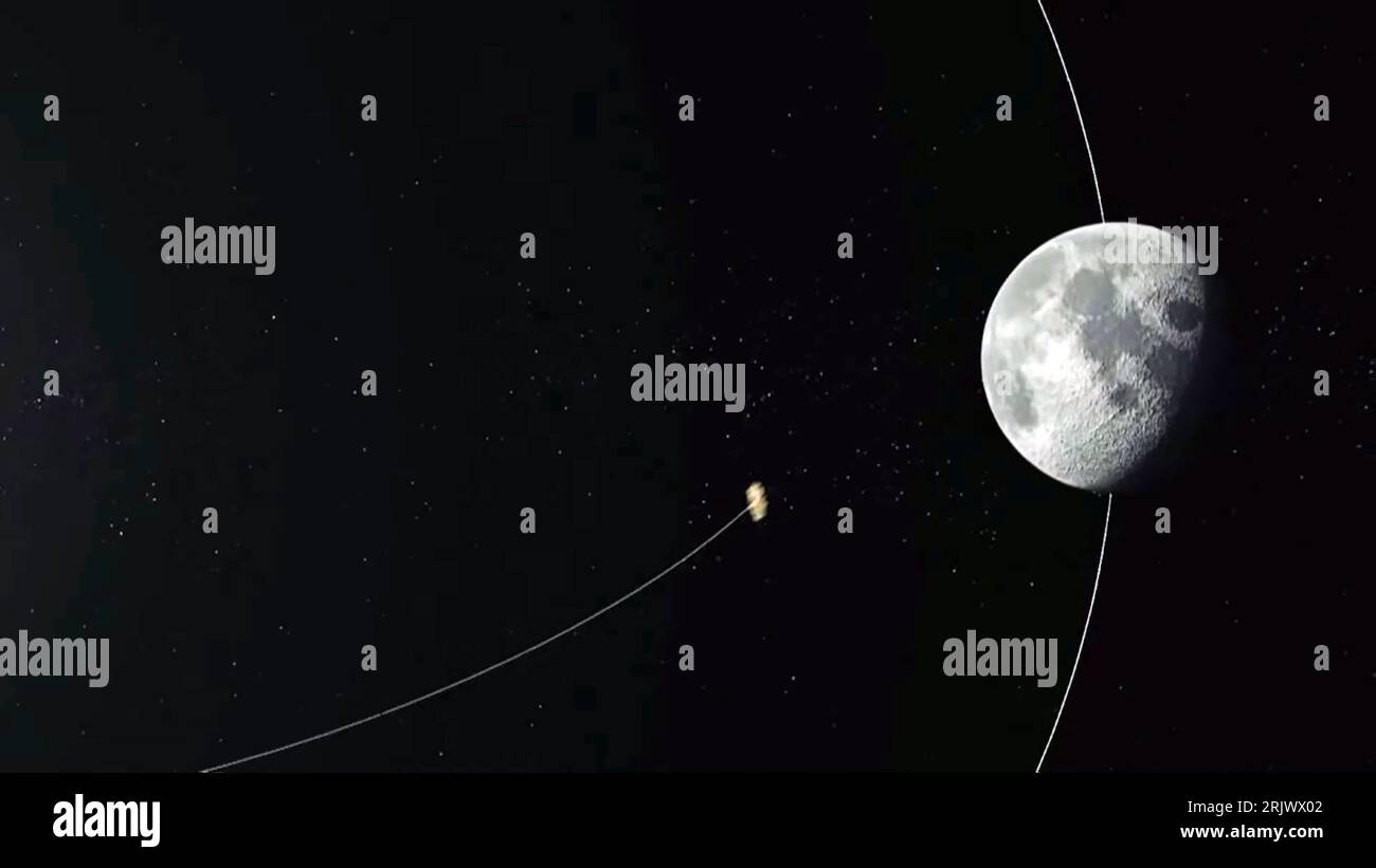 Bengaluru, Indien. August 2023. Ein simuliertes Bild wird auf dem Bildschirm während der Live-Übertragung der Landung der Chandrayaan-3-Raumsonde auf dem Südpol des Mondes am ISRO Telemetry Tracking and Command Network (ISTRAC) Center in Bengaluru am 23. August 2023 abgespielt. Indien schrieb am Mittwoch, den 23. August, Geschichte und wurde die erste Nation, die auf der Südpolregion des Mondes landete. Foto der Indian Space Research Organization (ISRO) / UPI/Alamy Live News Stockfoto