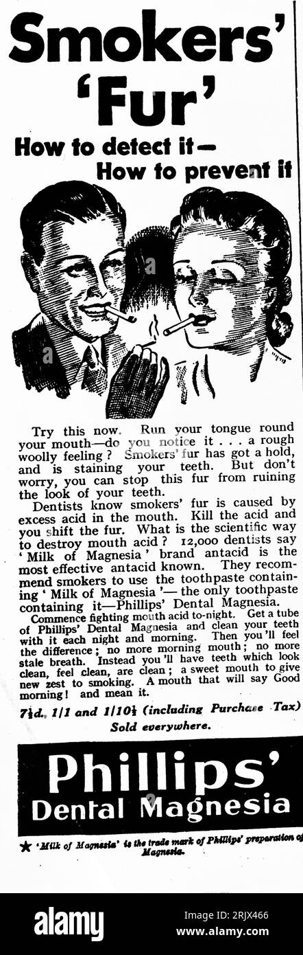 Eine Werbung für Phillips Dental Magnesia aus dem Jahr 1941. Als Mittel zur Verhinderung von ‚Raucherpelz‘ vermarktet. Rauchern wurde geraten, „die Zunge um den Mund zu führen – bemerken Sie das?“ ein raues Wollgefühl. Raucherpelz hat Halt und befleckt die Zähne.“ Es wurde ihnen geraten, sich keine Sorgen zu machen, da das Produkt „verhindern kann, dass dieses Fell das Aussehen Ihrer Zähne ruiniert“. Philips Dental Magnesia wurde in Tuben als Zahnpasta verkauft. Stockfoto