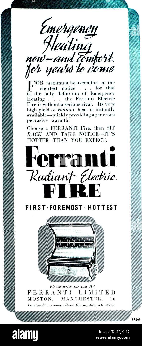 Eine Kriegsanzeige 1941 für ein Ferranti Radiant Heat Electric Fire.Ferranti Ltd. Hatte seinen Sitz in Moston, Manchester. Stockfoto