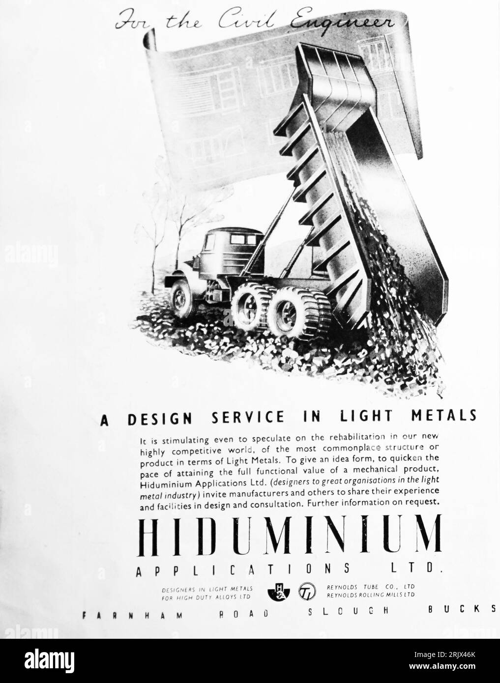 Eine Werbung für Hidaluminium Applications Ltd. Aus dem Jahr 1945 Dieses Unternehmen war Teil von Reynolds Tube Co Ltd Reynolds war an der Herstellung von Fahrradrahmen sowie an der Entwicklung einzigartiger Stahllegierungen beteiligt. Hidaluminium-Legierungen sind eine Reihe hochfester Hochtemperatur-Aluminiumlegierungen, die ursprünglich von Rolls Royce für die Flugzeugproduktion entwickelt wurden. Stockfoto