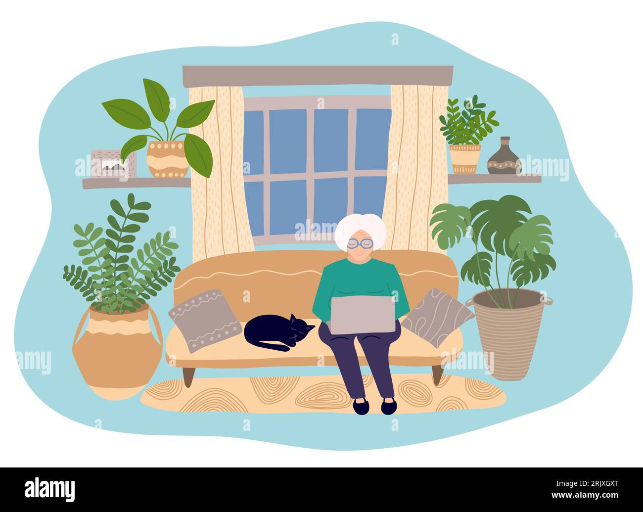 Alte Frau mit grauem Haar mit Laptop auf dem Sofa Stock Vektor