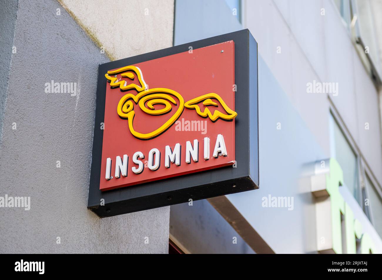 Insomnia Coffee Shop Schild/Logo auf der Außenseite eines seiner Geschäfte in Dublin, Irland. Stockfoto