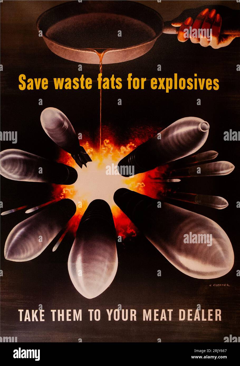 Spar Abfallfette für Sprengstoffe, bring sie zu deinem Fleischhändler-Poster, das Kriegsministerium des Zweiten Weltkriegs Stockfoto