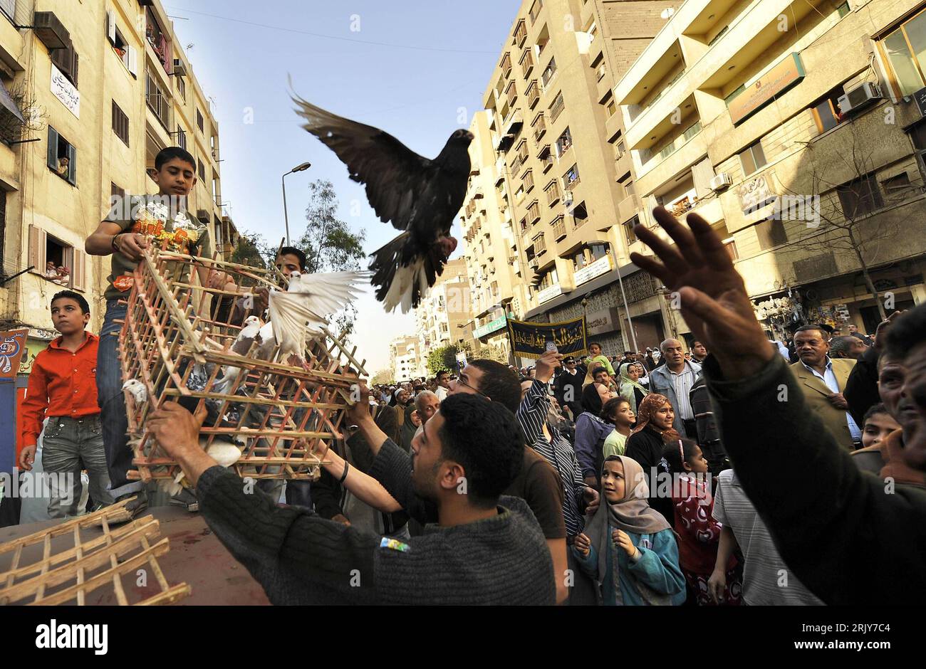 Bildnummer: 52465825 Datum: 20.03.2008 Copyright: imago/Xinhua Feiertag Eid-Milad-un-Nabi - Tauben werden freigelassen in Kairo - PUBLICATIONxNOTxINxCHN, Tiere , Personen , premiumd; 2008, Kairo, Ägypten, Land, Leute, Einheimische, Ägypter, Mawlid, traditionelles fest , Vögel, Taube, Flug, fliegt, fliegen, Muslime, Käfig; , quer, Kbdig, Totale, Islam, Religion, , , Asien Stockfoto
