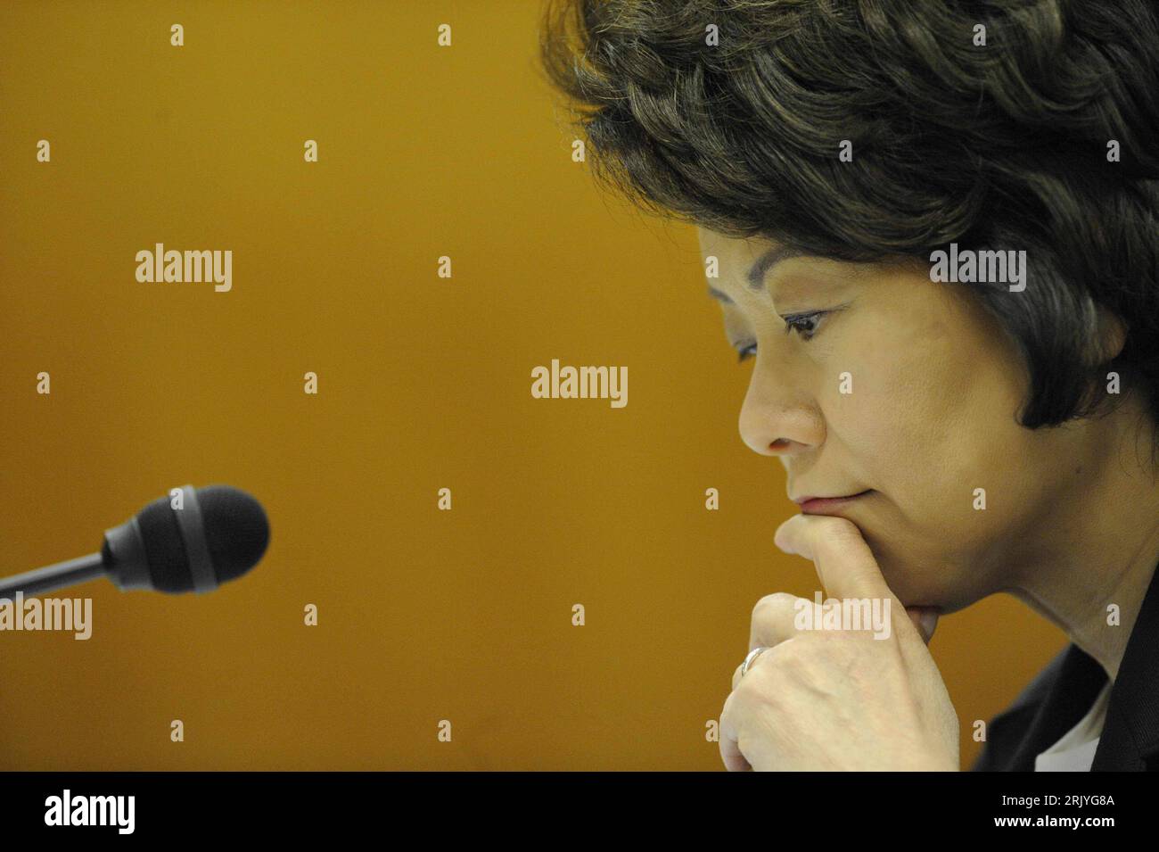 Bildnummer: 52529918 Datum: 07.05.2008 Copyright: imago/Xinhua Arbeitsministerin Elaine Chao (USA) anlässlich einer Anhörung vor dem Senat in Washington D.C. PUBLICATIONxNOTxINxCHN , Personen , pessimistisch , Nachdenklichkeit; 2008, Washington DC, , Politik,; , quer, Kbdig, Einzelbild, Close, Randbild, People Stockfoto