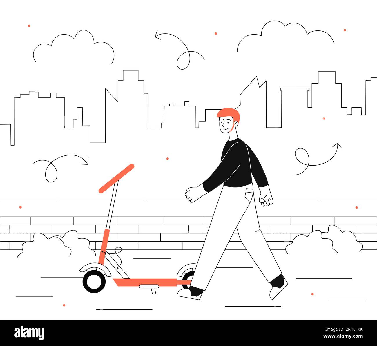 Man with electric scooter vector line concept Stock Vektor