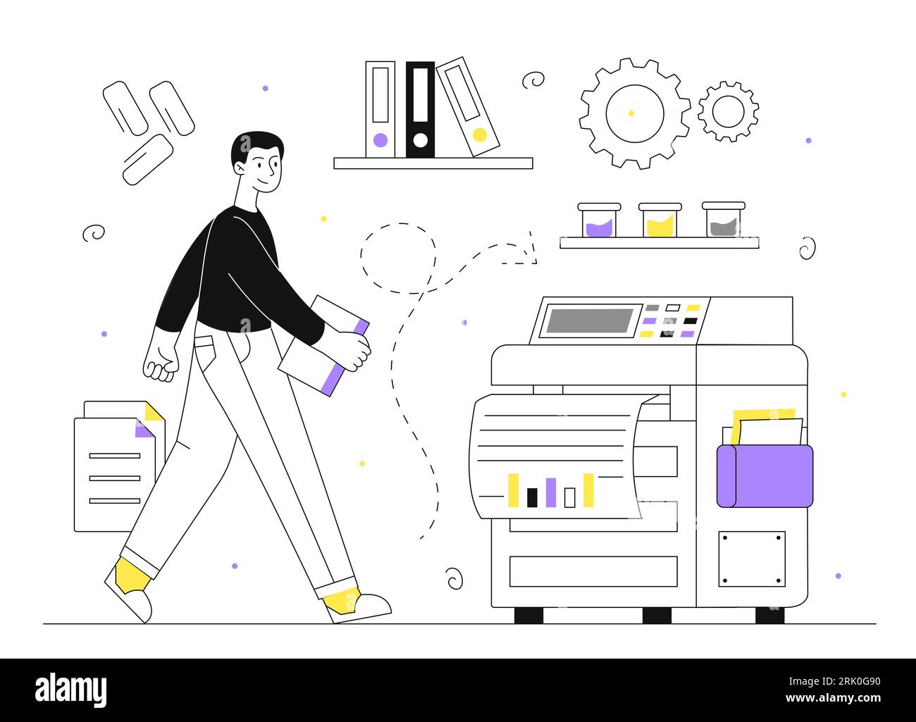 Mann mit Druckmaschinenvektorlinienkonzept Stock Vektor