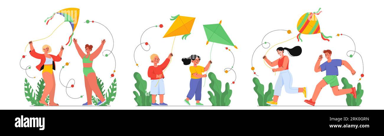 Set of kids with kites vector concept Stock Vektor