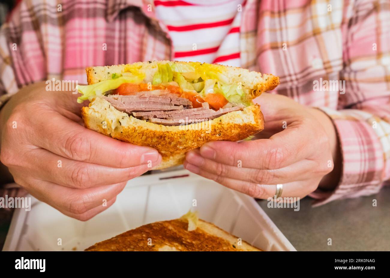Frau mit leckerem Rindfleisch-Sandwich in der Hand. Frau, die Burger-Sandwich isst. Fastfood-Konzept. Person, die leckeres gegrilltes Sandwich mit Gemüse hält. Fe Stockfoto