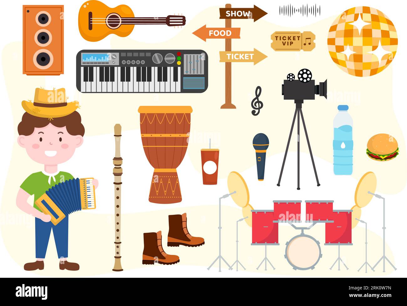 Musik Elemente Vektor Illustration mit verschiedenen Noten und Musikinstrumente Modern in Flat Kids Cartoon Hand gezeichnete Hintergrund Vorlagen Stock Vektor