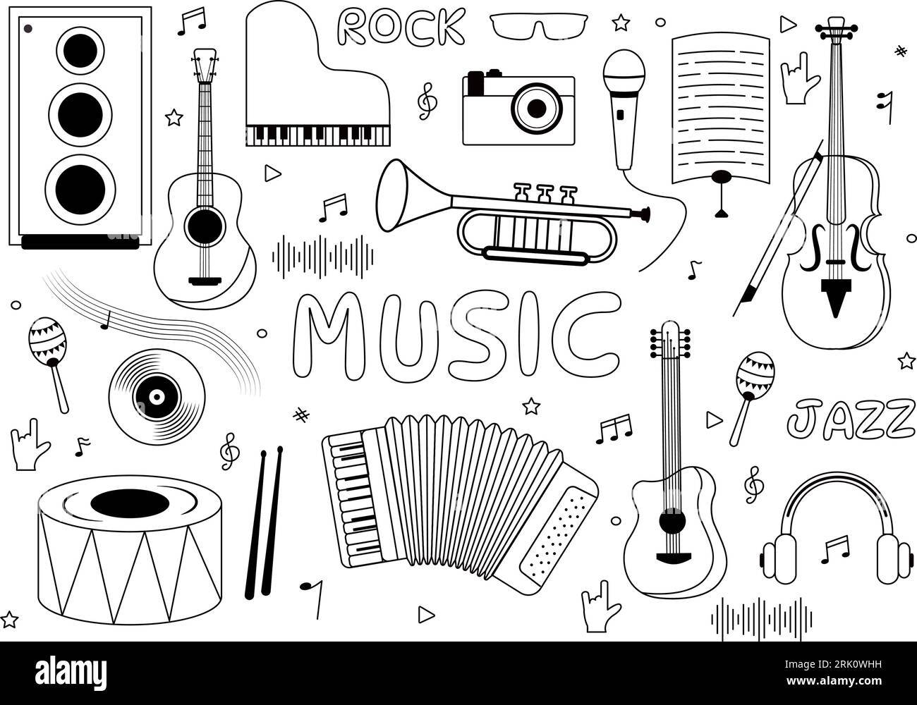 Musik Elemente Vektor Illustration mit verschiedenen Noten und Musikinstrumente Modern in Flat Kids Cartoon Hand gezeichnete Hintergrund Vorlagen Stock Vektor
