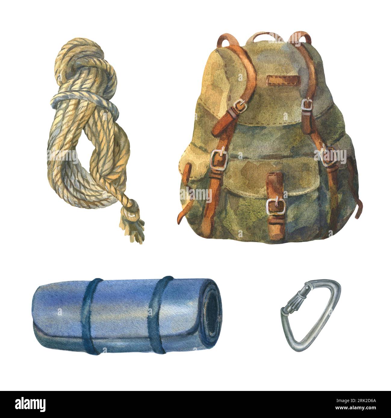 Aquarelllager Objekte Set, Abenteuer Outdoor Touristen, Vintage Reise Rucksack, Seil, Karabiner und Karimat. Aktive Reiseurlaube Sport für den Sommer Stockfoto