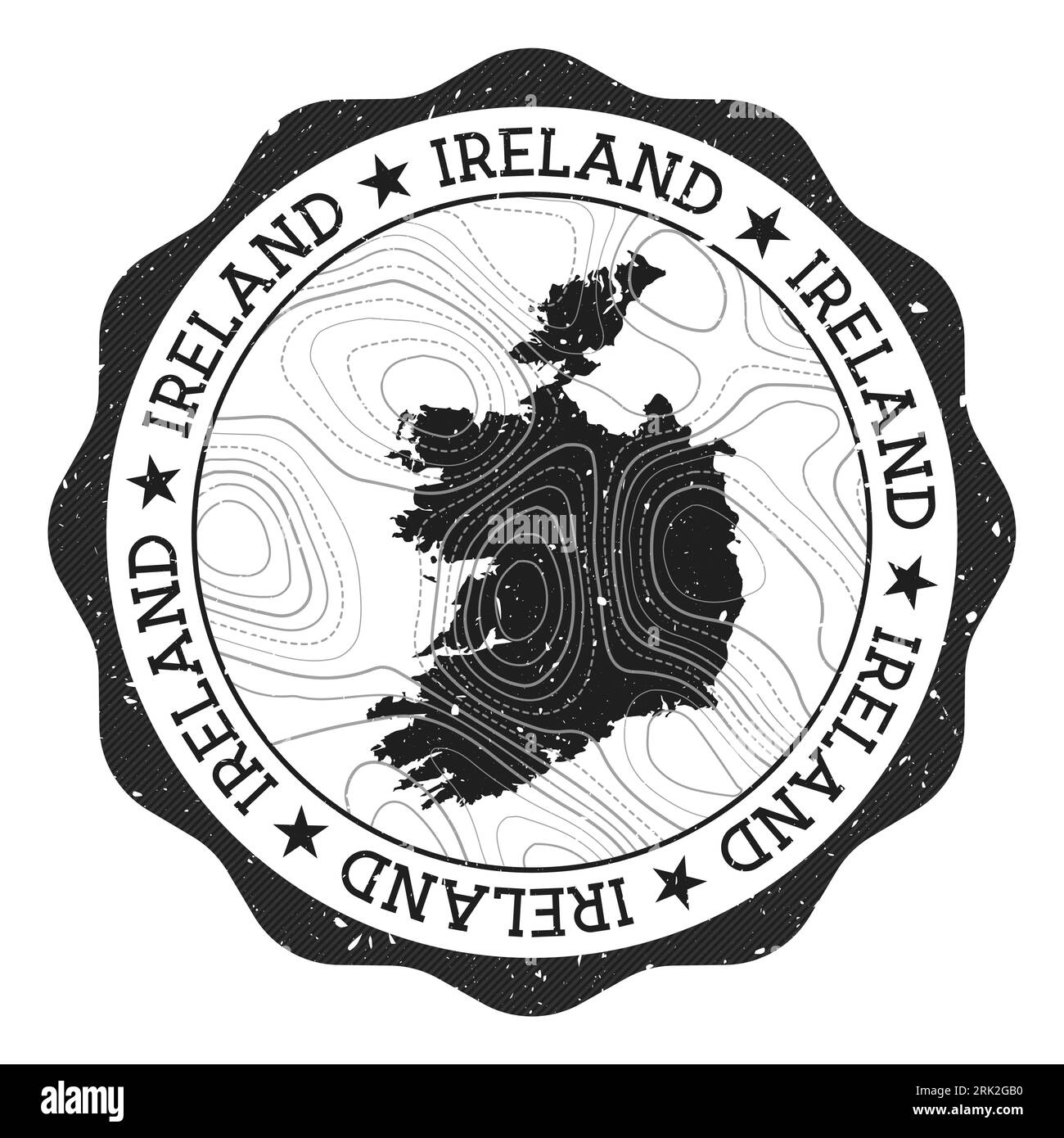 Irland Außenstempel. Runder Aufkleber mit Landkarte mit topographischen Isolinien. Vektorabbildung. Stock Vektor