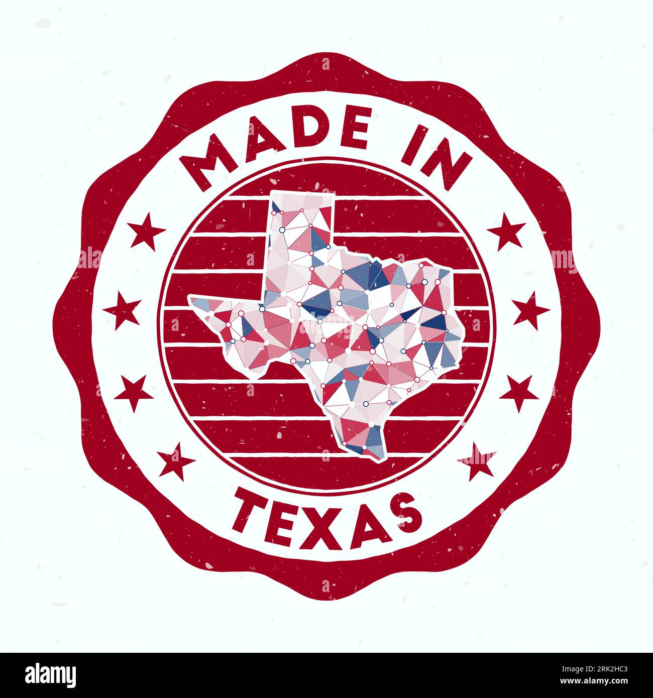 Hergestellt In Texas. Runder Stempel des US-Bundesstaates. Siegel aus Texas mit Randform. Vintage-Abzeichen mit kreisförmigem Text und Sternen. Vektorabbildung. Stock Vektor