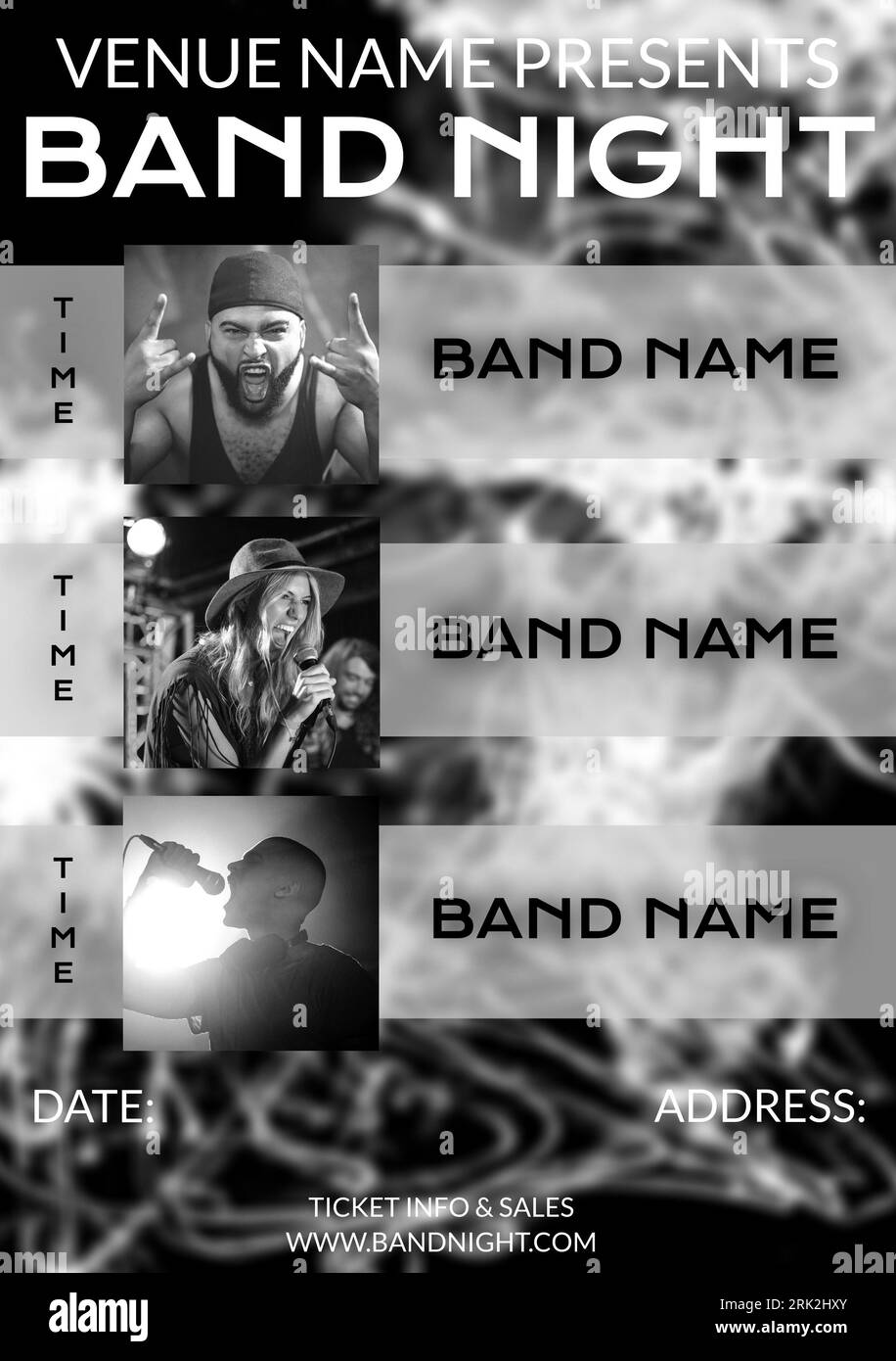 Veranstaltungsort, Name der Band, Uhrzeit, Datum, Adresse und verschiedene Menschen singen und jubeln Stockfoto