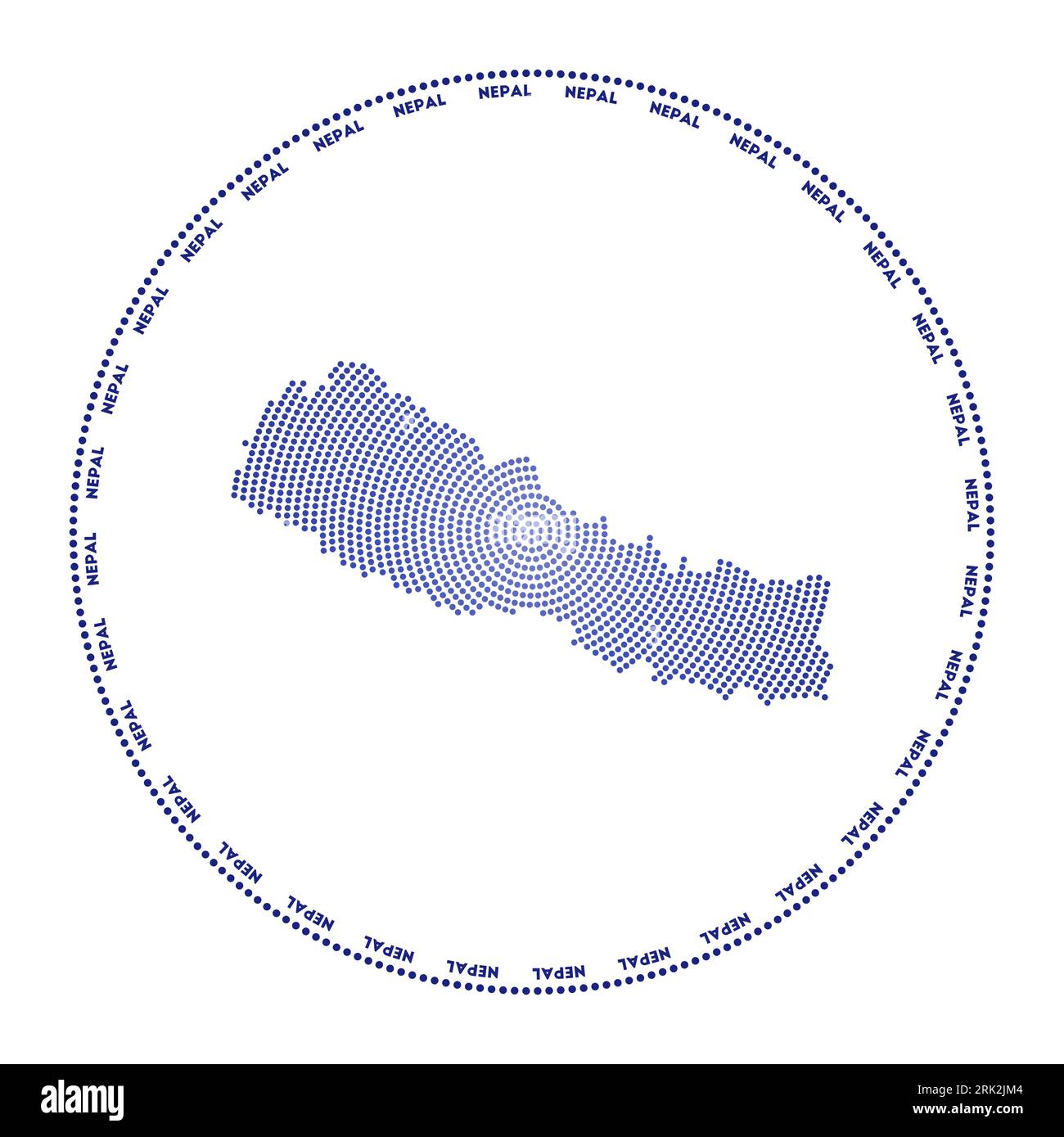 Rundes Nepal-Logo. Digitale Form Nepals in einem gepunkteten Kreis mit dem Ländernamen. Techniksymbol des Landes mit abgestuften Punkten. Stock Vektor