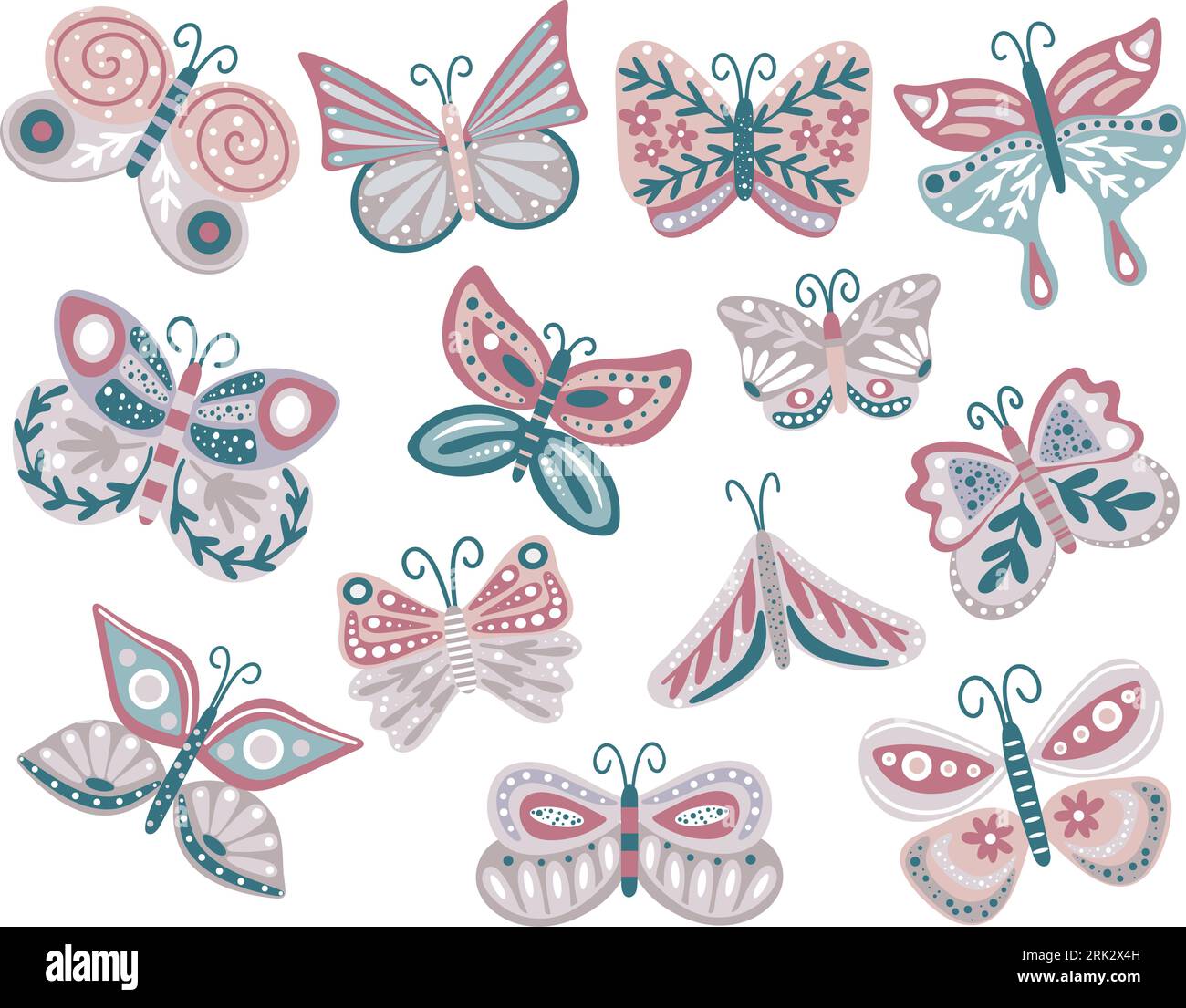Handgezeichnete Sammlung von Schmetterlingen mit Blumen und Kräutern Stock Vektor