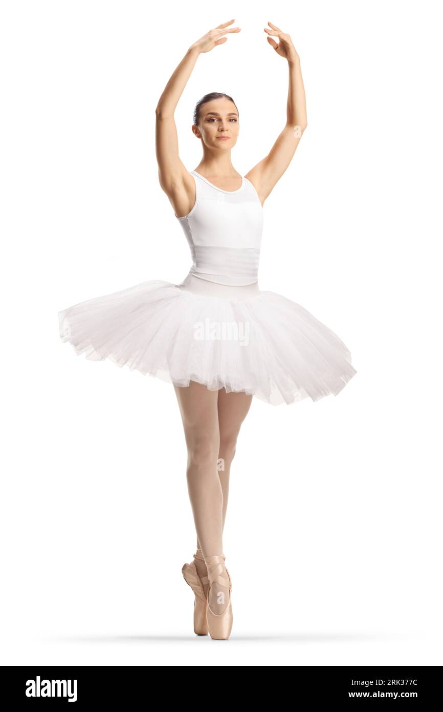 Ballerina in einem weißen Tutu-Kleid, das mit den Armen auf weißem Hintergrund tanzt Stockfoto