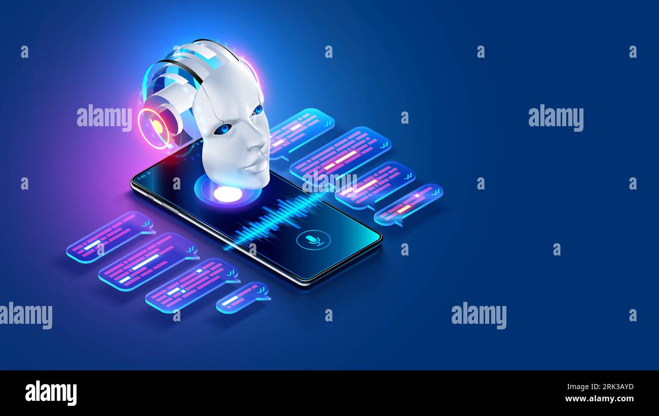 KI-Chat-bot im Bild Roboterkopf hängt über dem Bildschirmtelefon. Mobile Online-KI-Chatbots sprechen über Messenger mit dem Benutzer. Abstraktes Gesicht von Internet Chatb Stock Vektor
