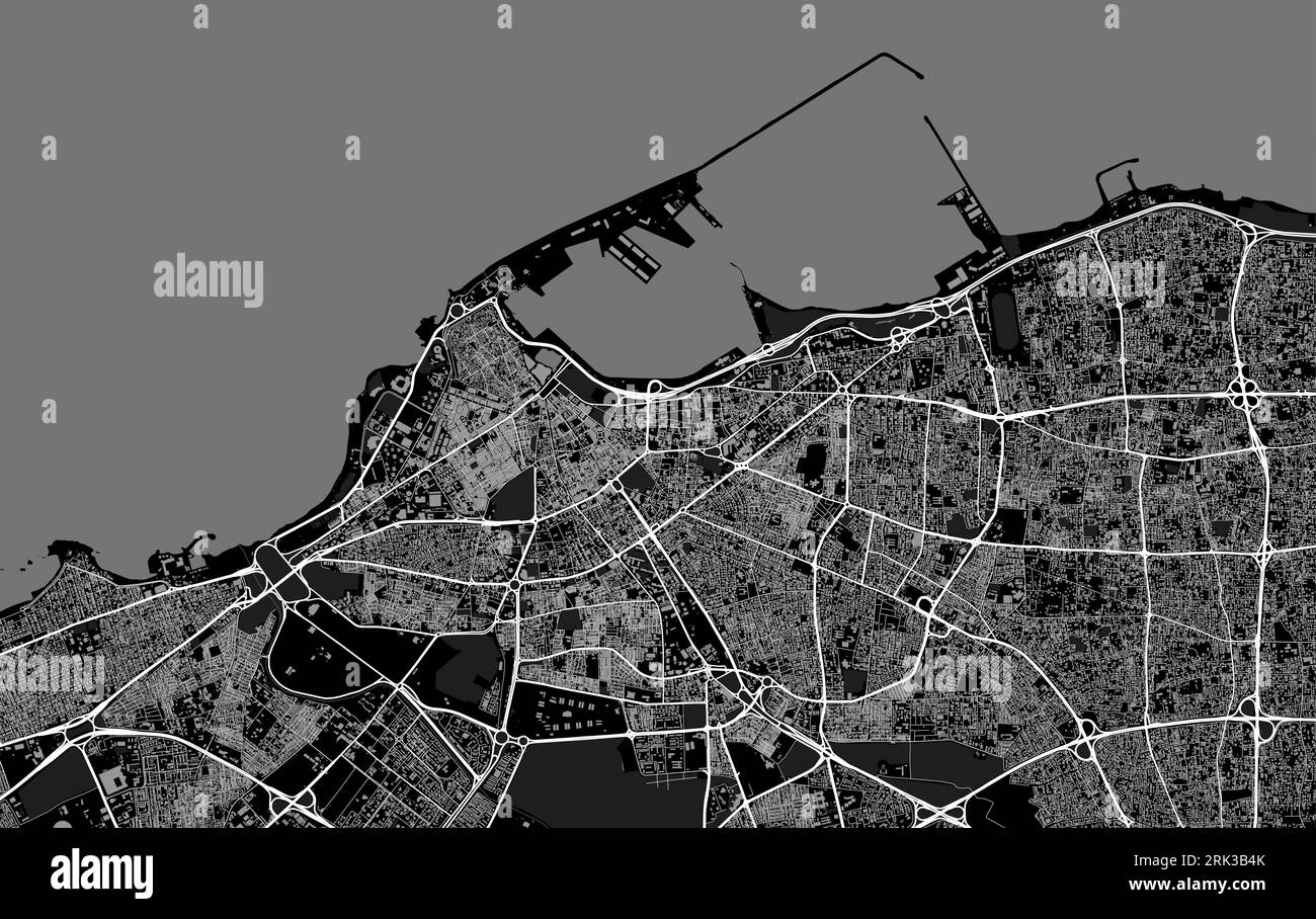 Tripoli map. Detailed black map of Tripoli city administrative area. Cityscape poster metropolitan aria view. Black land with white buildings, water, Stock Vektor