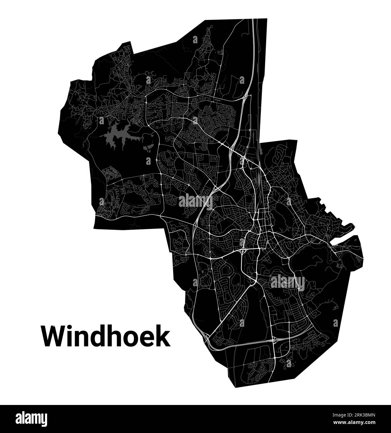 Windhoek Stadtplan, Hauptstadt Namibias. Städtische Verwaltungskarte in Schwarz-weiß mit Flüssen und Straßen, Parks und Eisenbahnen. Vektorillustratio Stock Vektor