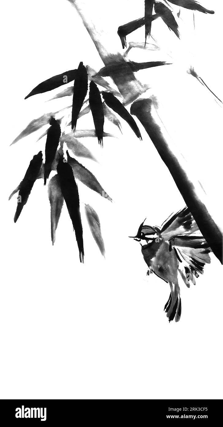 Karte mit Bambus und Vogel auf weißem Hintergrund im Sumi-e-Stil. Stockfoto
