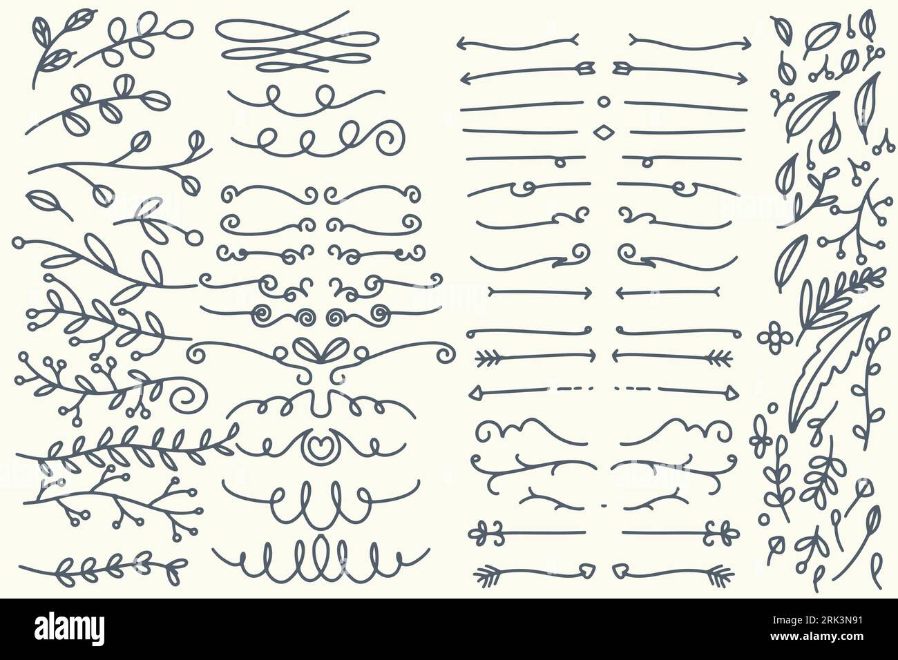 Vierzig handgezeichnete Vektorteiler. Linien, Rahmen und Lorbeeren. Doodle-Designelemente isoliert auf weißem Hintergrund. Stock Vektor