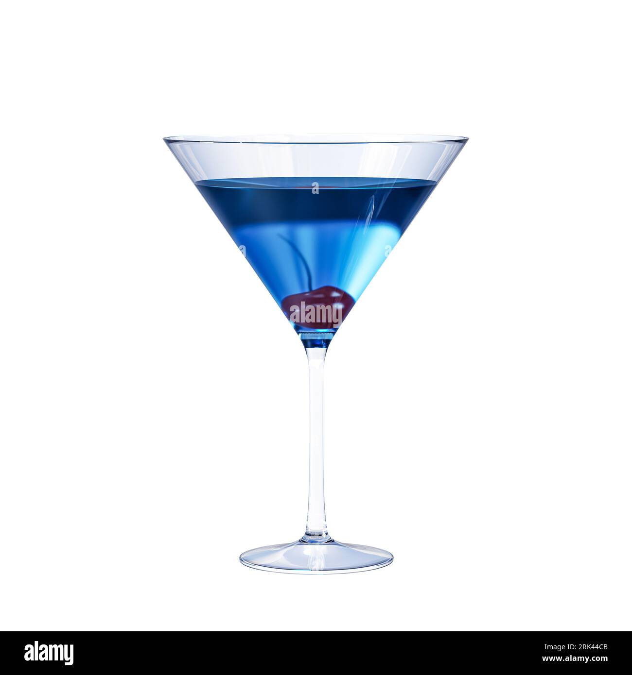 Blauer Cocktail mit Kirsche in Martiniglas isoliert auf weißem Hintergrund. Stockfoto