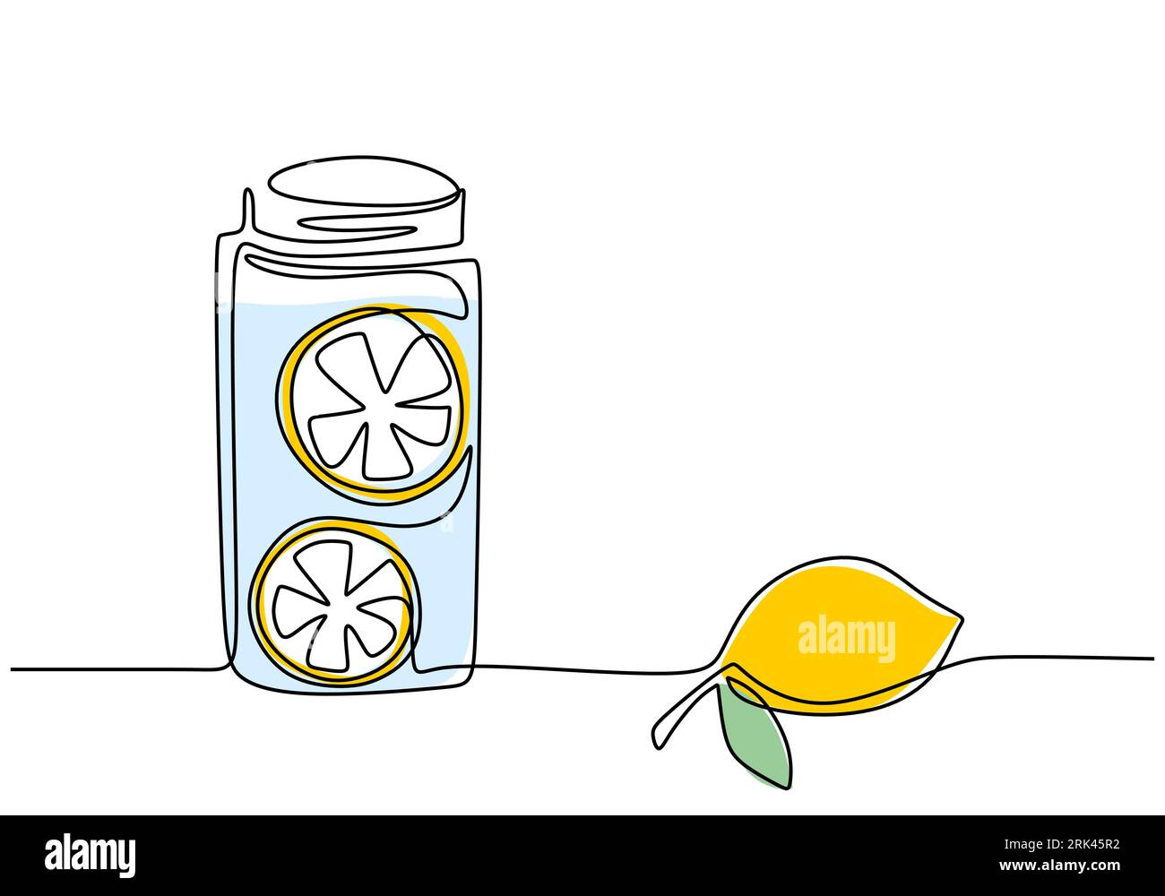 One continuous single line of hand drawn with lemon in big glass isolated on white background. Stock Vektor