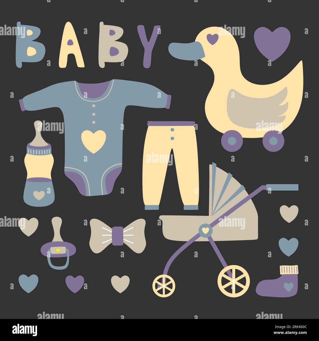 Set aus handgezeichneten Elementen mit Babyausstattung wie Punkt, Milchflasche, Kleidung, Ente, Klebeband, Kinderwagen und Liebessymbol isoliert auf schwarzem Hintergrund. Stock Vektor