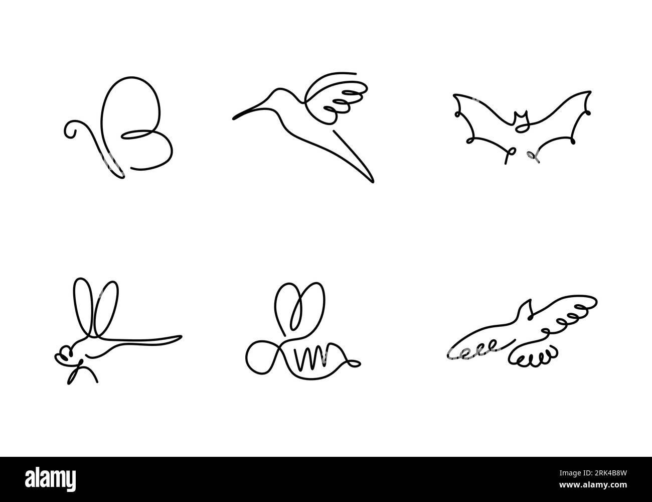 One continuous single line of butterfly, birds, bee, bat, dragonfly isolated on white background. Stock Vektor
