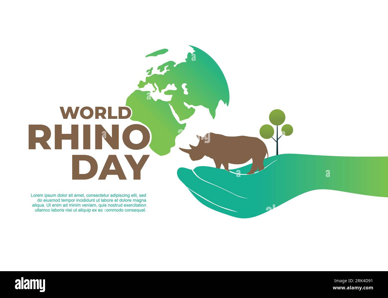 Welthino-Tag Hintergrund Banner Poster mit Weltkarte und Nashorn am 22. september. Stock Vektor