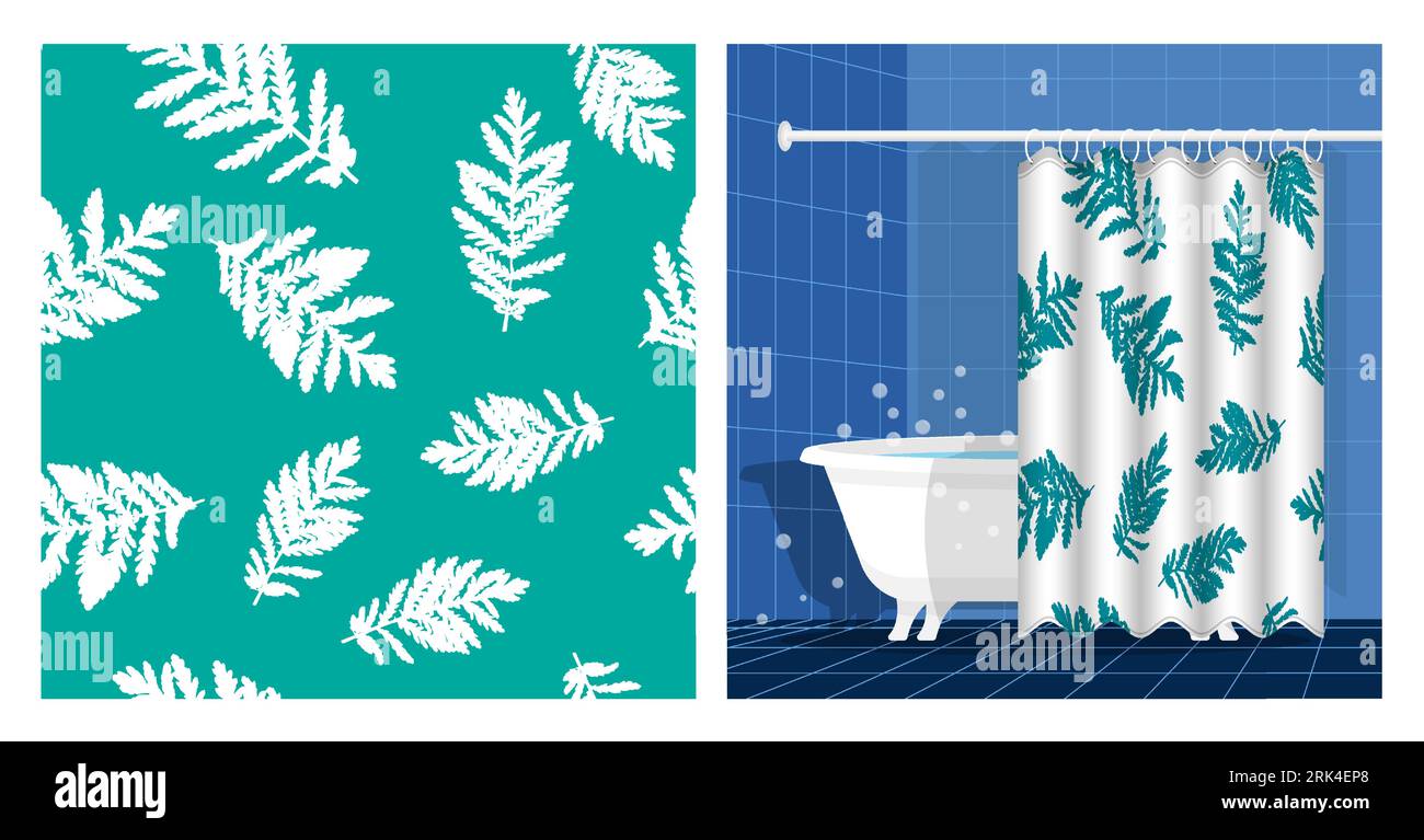 Badezimmer mit Badewanne und Vorhang verziert Wermut Blätter Silhouetten von Gras nahtlose Muster. Vektor-Illustration, Ornament für Design o Stock Vektor