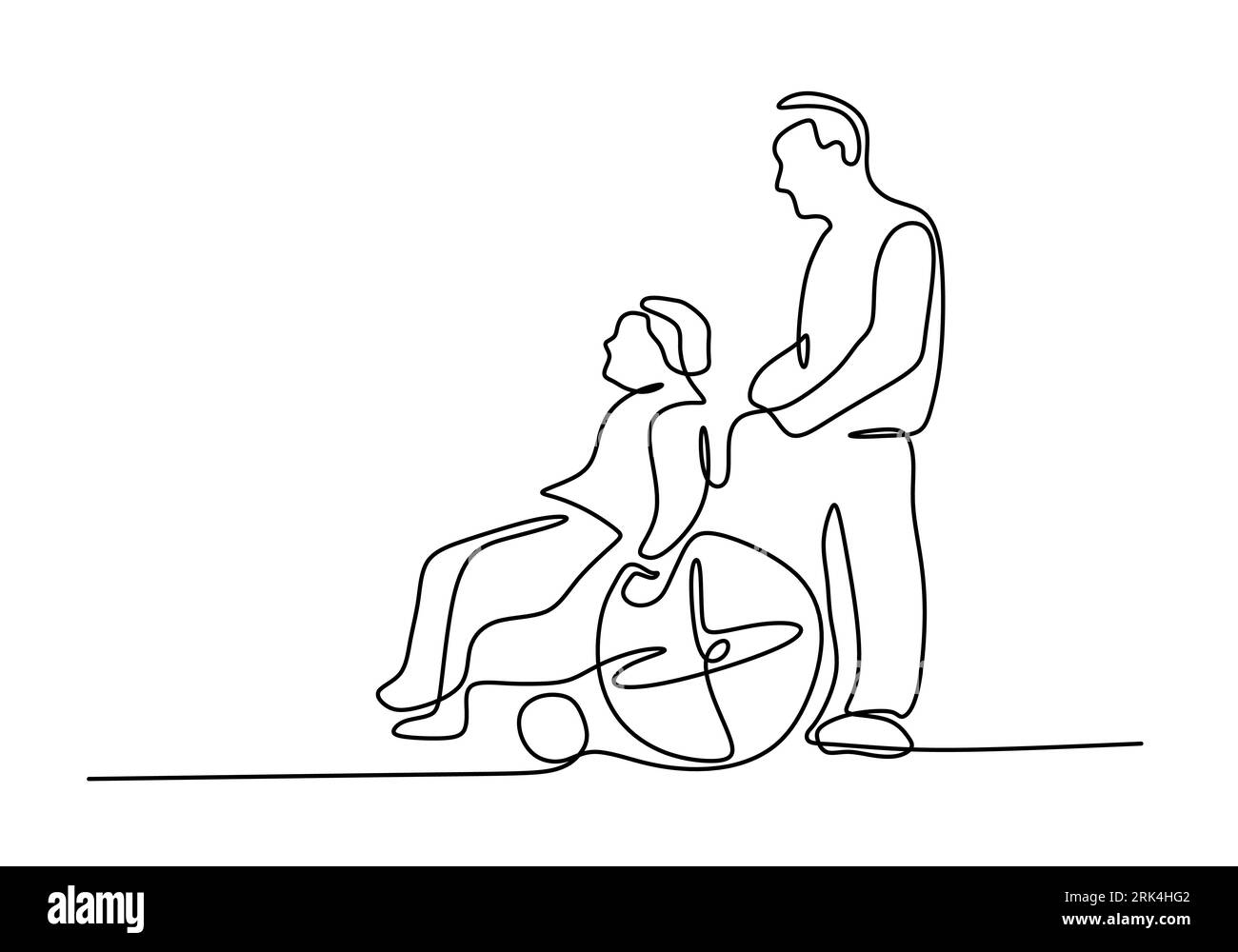 Handzeichnung einer Linie von reifem Paar auf Rollstuhl isoliert auf weißem Hintergrund. Stock Vektor