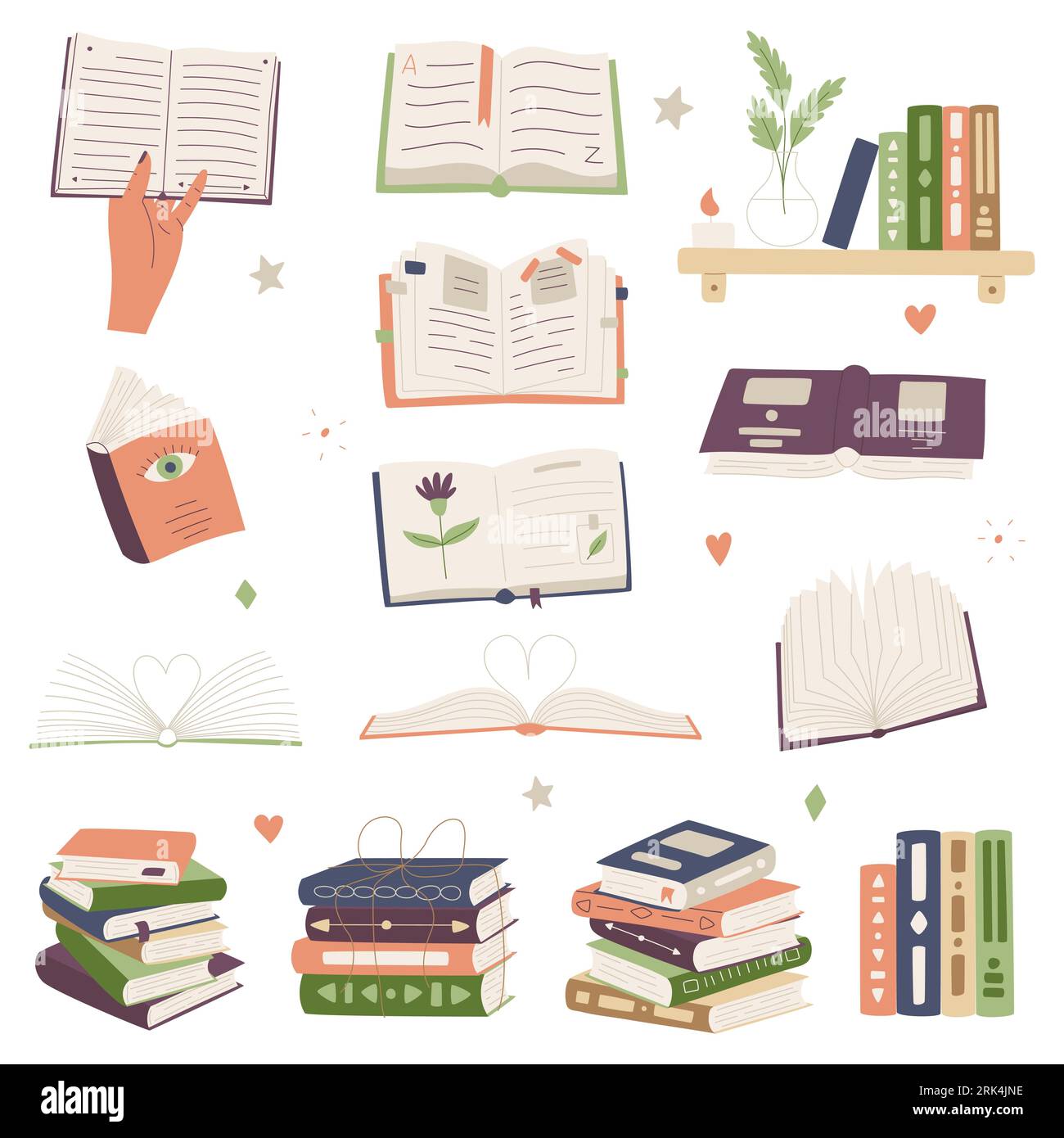 Set for book lovers. Books in hand, stack of books, bookshelf, open book. Reading, education, learning. Cartoon flat vector illustration isolated on w Stock Vektor